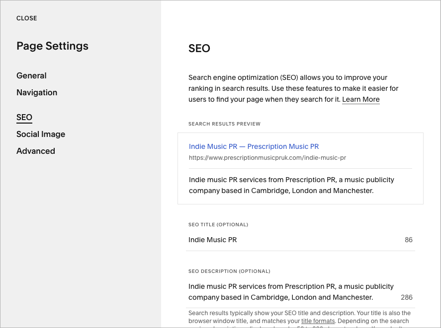 Editing SEO settings in Squarespace
