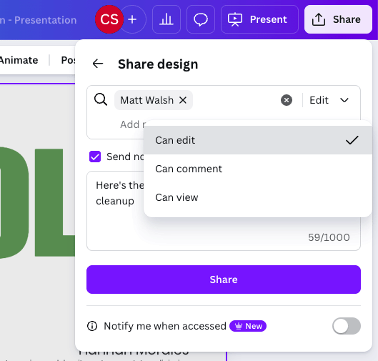 Team sharing tools in Canva.