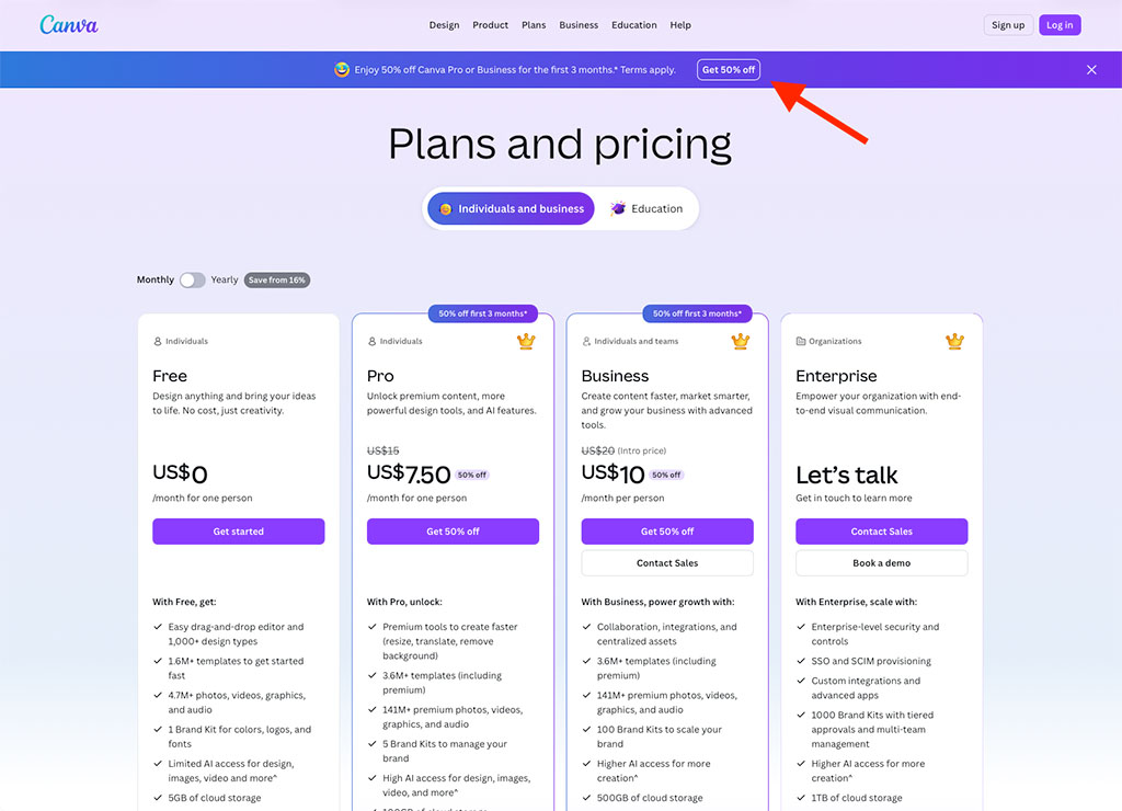 Discounted Canva plans