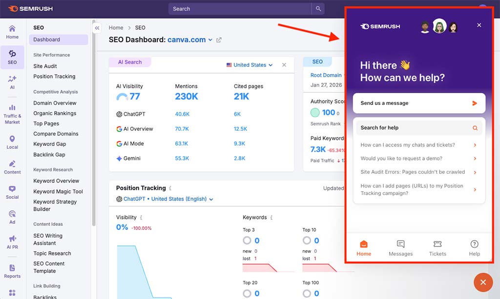 Testing Semrush's live chat feature