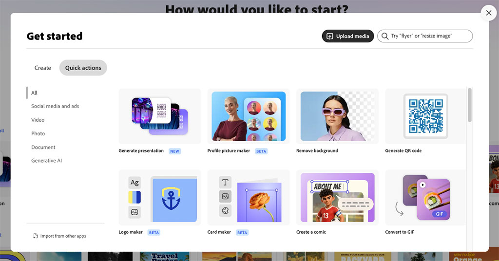 Adobe Express' quick actions tab