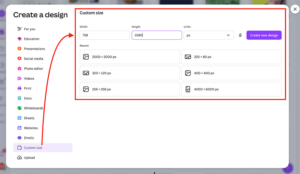 Creating a custom sized design in Canva