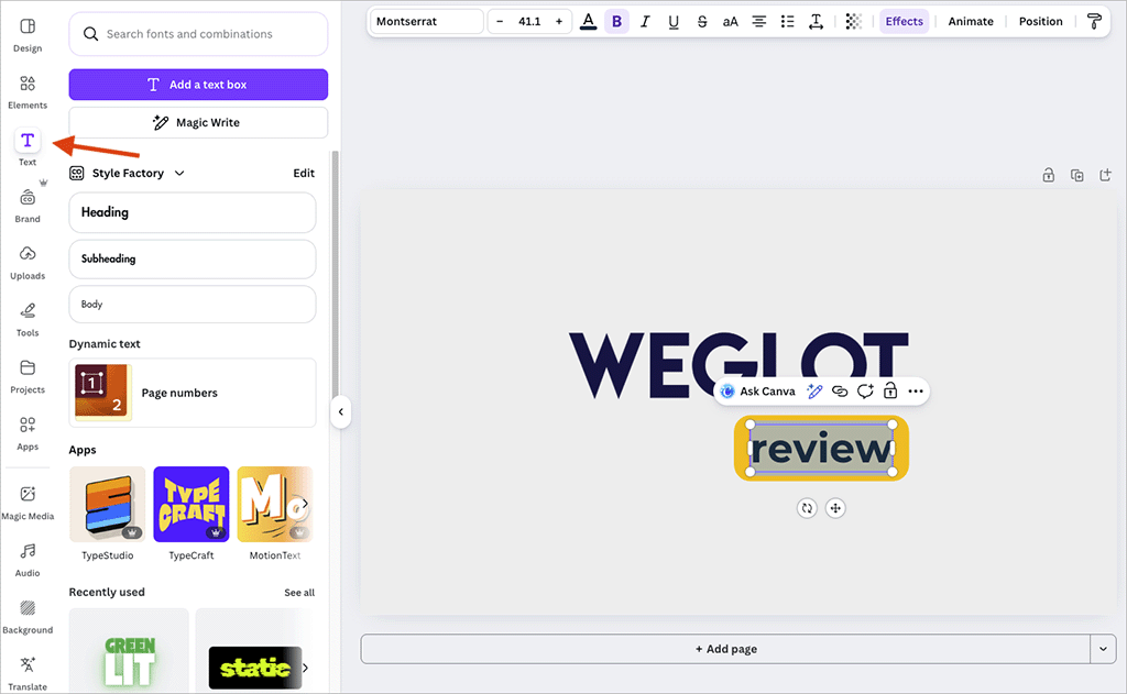 Adding text in Canva
