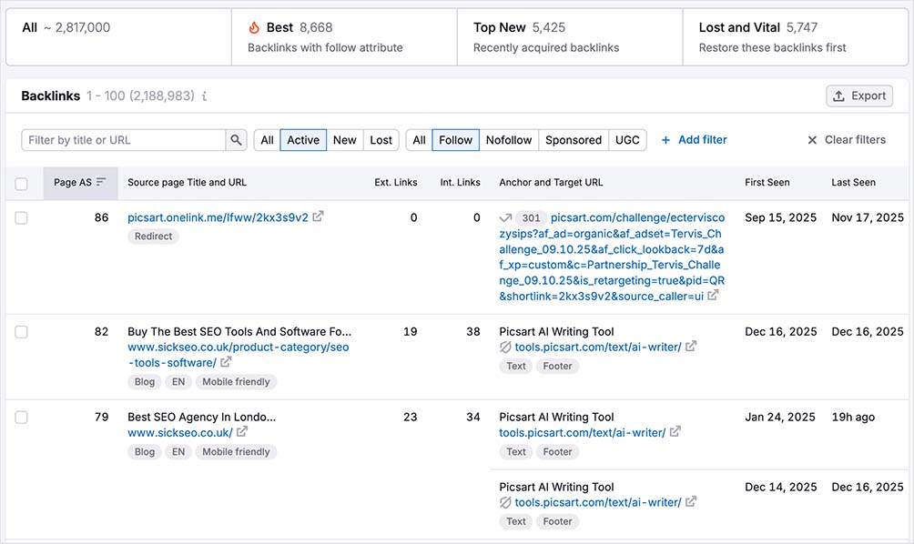 Filtering backlink data in Semrush