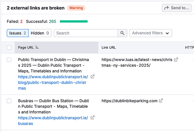 Identifying broken outbound links in Semrush