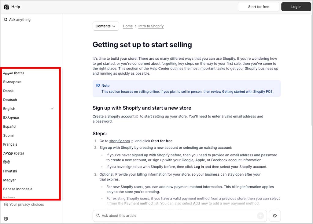 Shopify help center with dropdown language menu