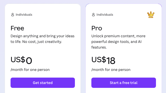 Pricing for Canva Free and Canva Pro