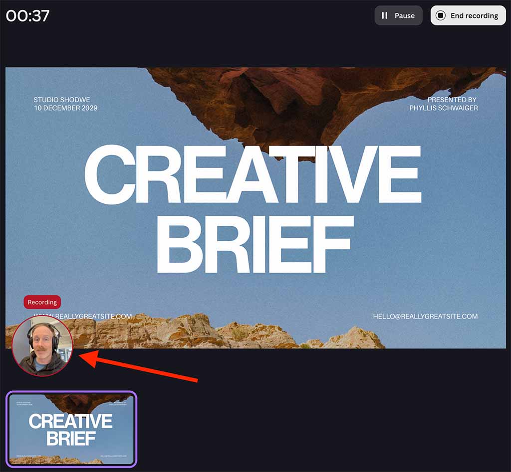 Recording a presentation with video and audio in Canva.