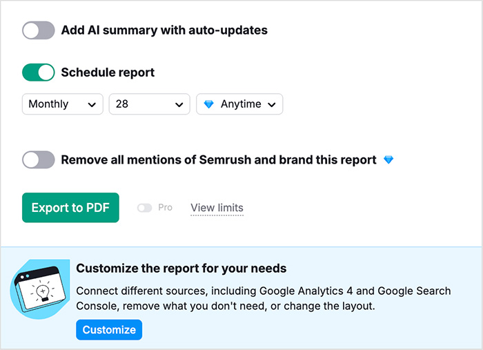 Scheduling a PDF report in Semrush
