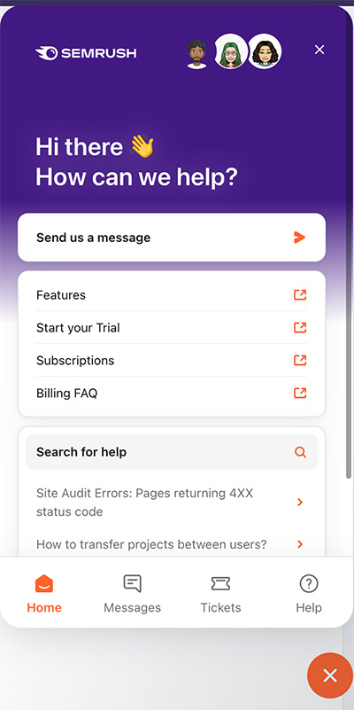 Accessing support in Semrush