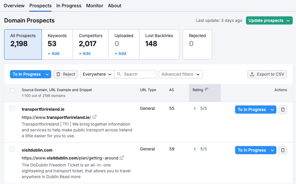 Semrush's link building tool in use