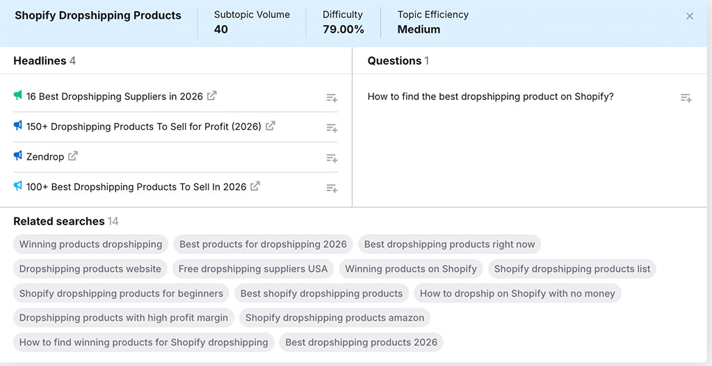 Topic research in Semrush