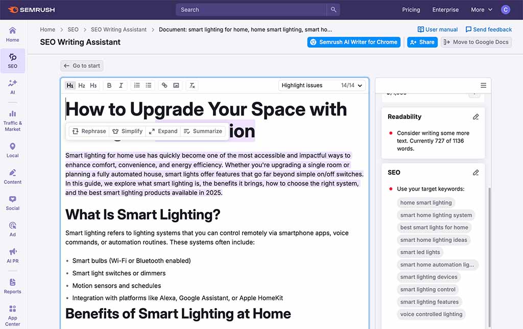 Semrush's 'SEO Writing Assistant' feature in use