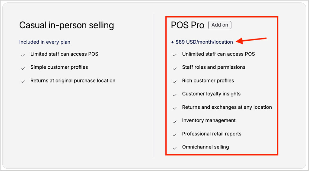Pricing for Shopify's 'POS Pro' subscription.