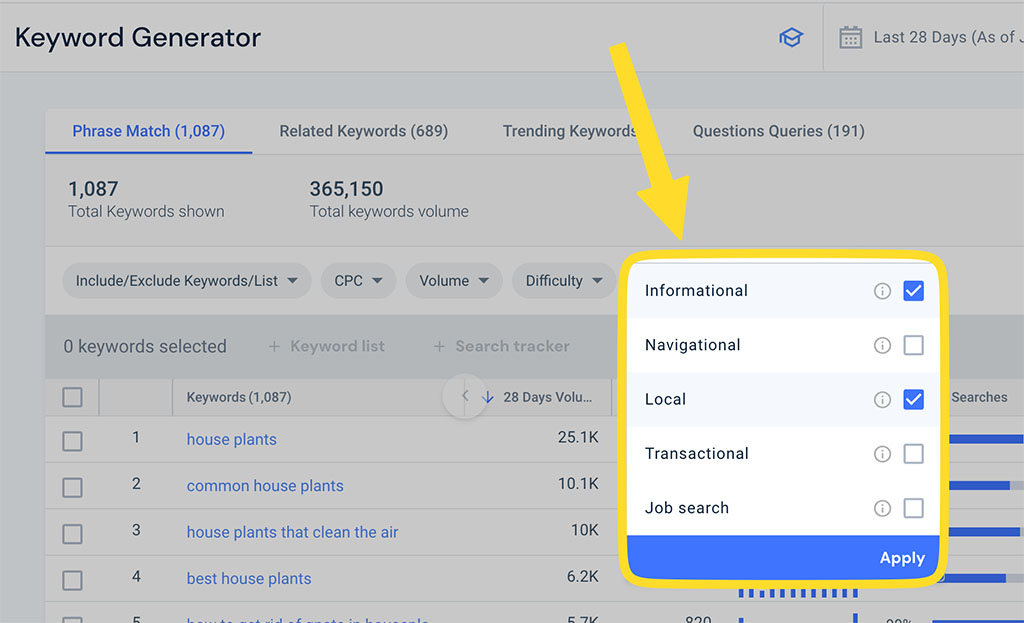 Filtering keywords by search intent in Similarweb
