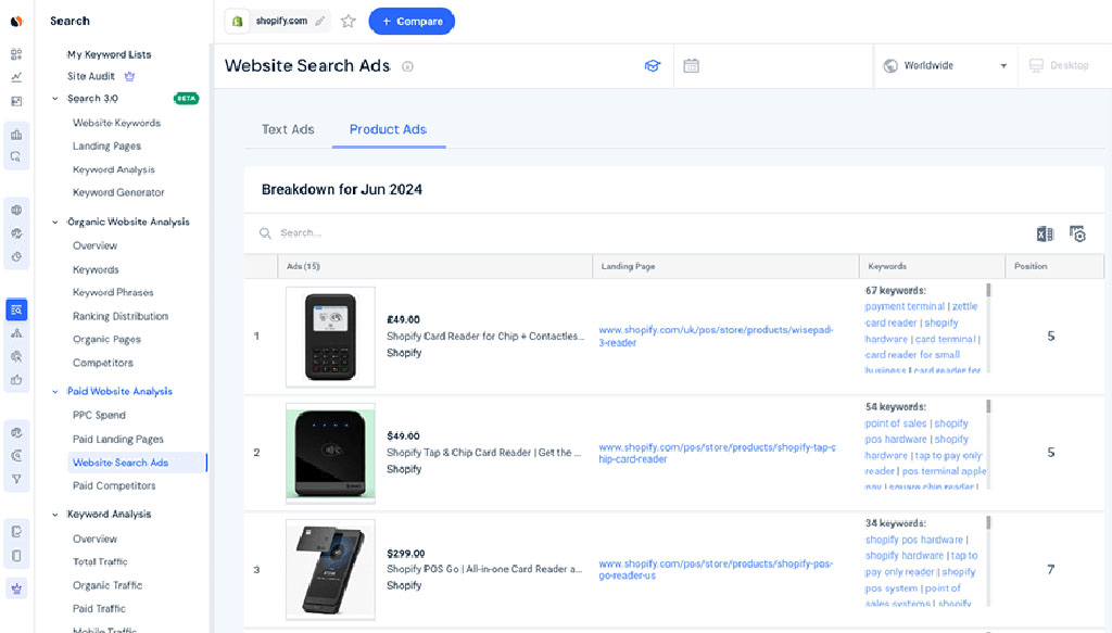 Product search ads in Similarweb