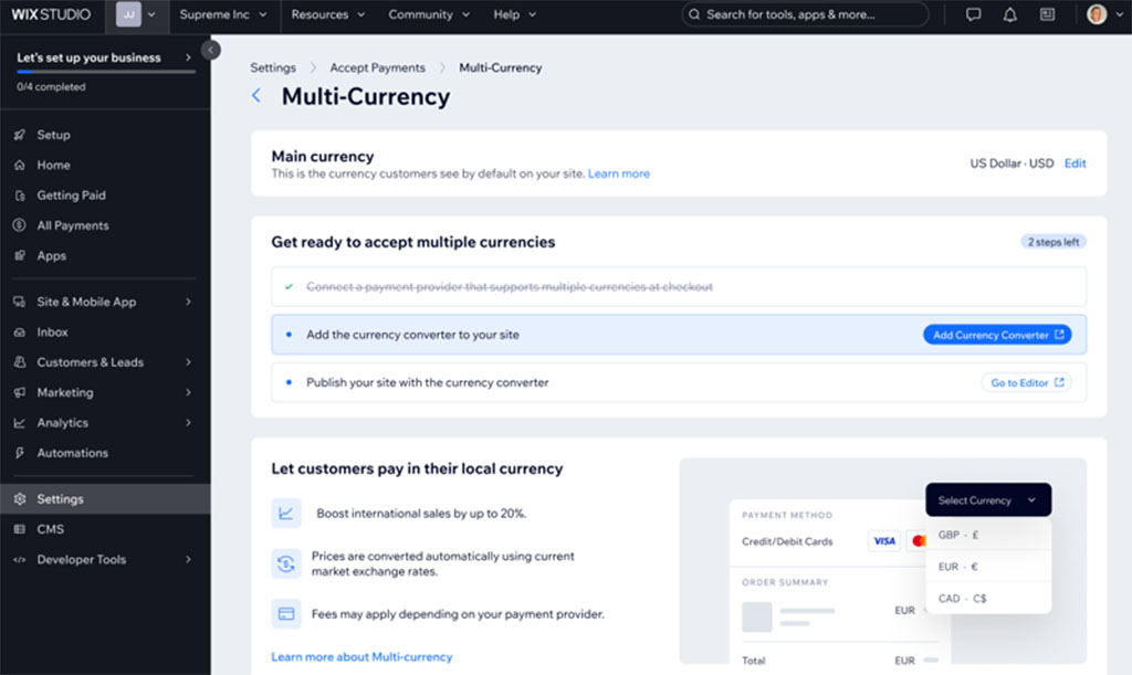 Setting up multicurrency selling in Wix