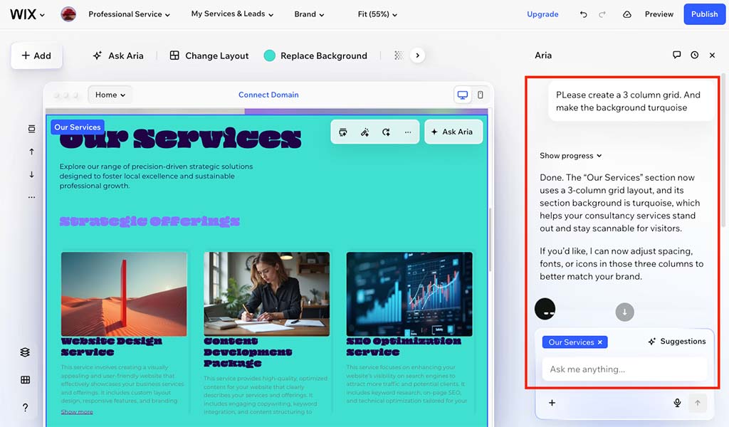 Editing a site's layout using Wix Aria