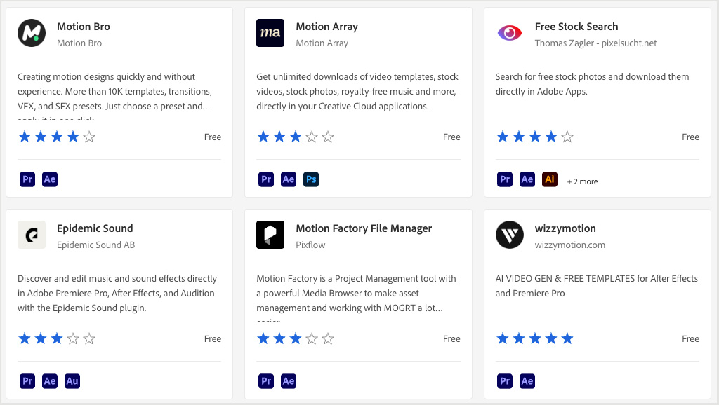 Some of the many Premiere plugins available in the Adobe Exchange Marketplace.