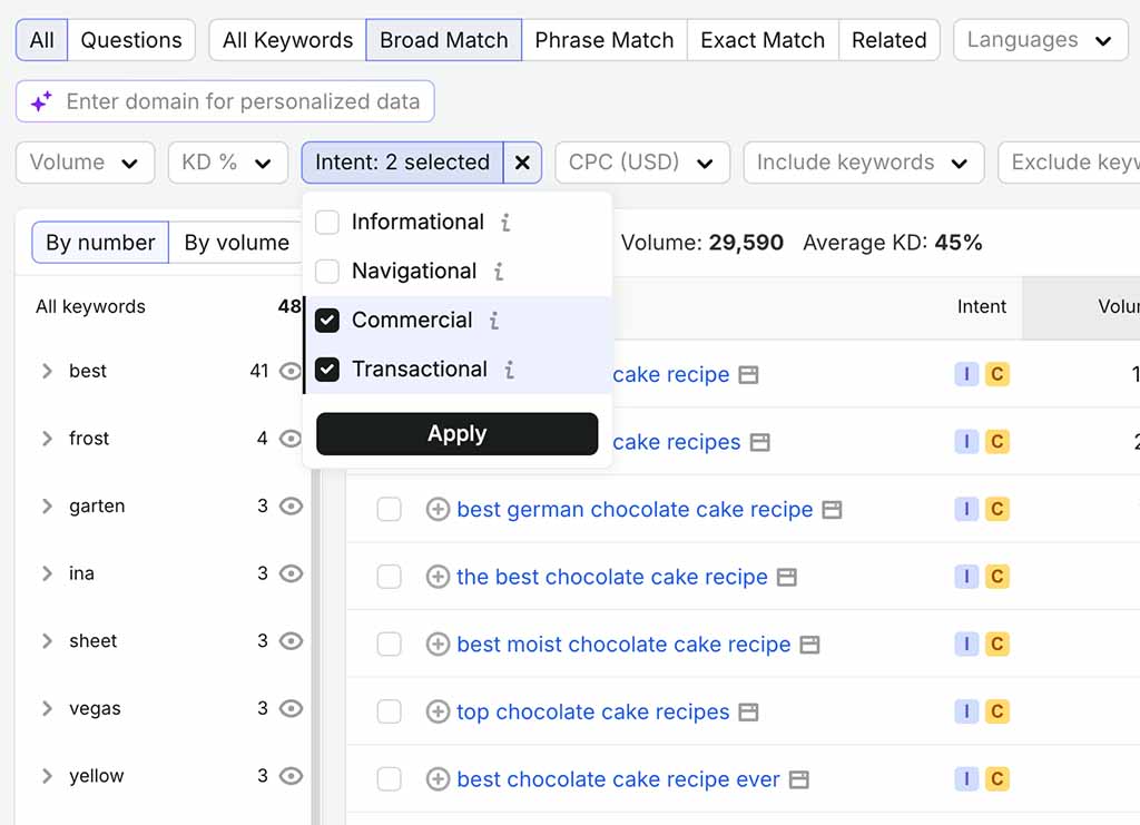 Using search intent filters in Semrush