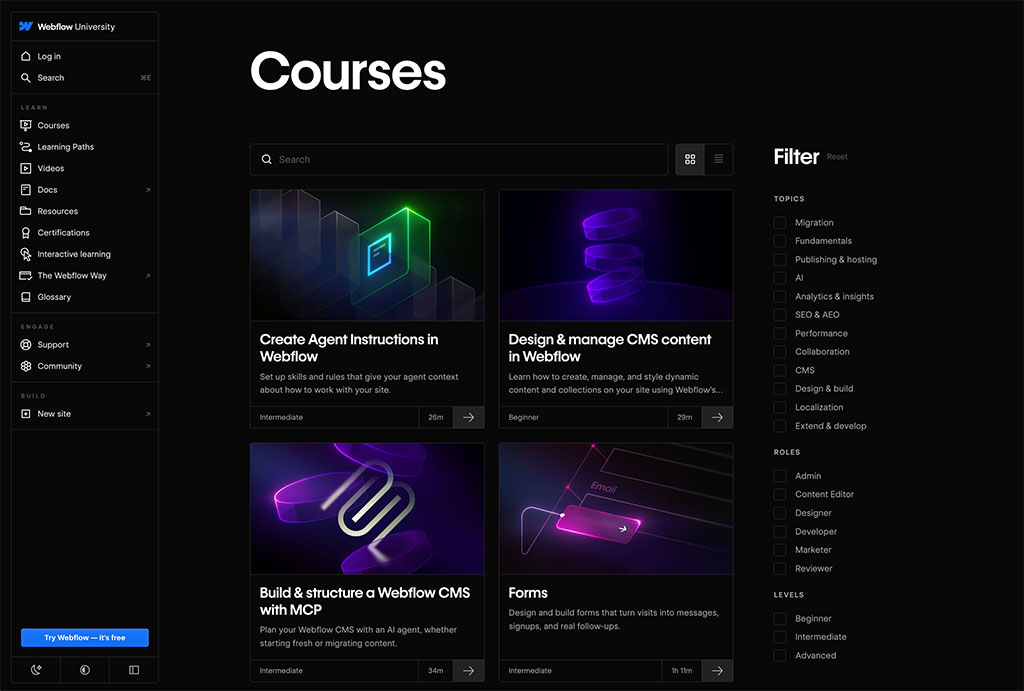 Webflow University course library page