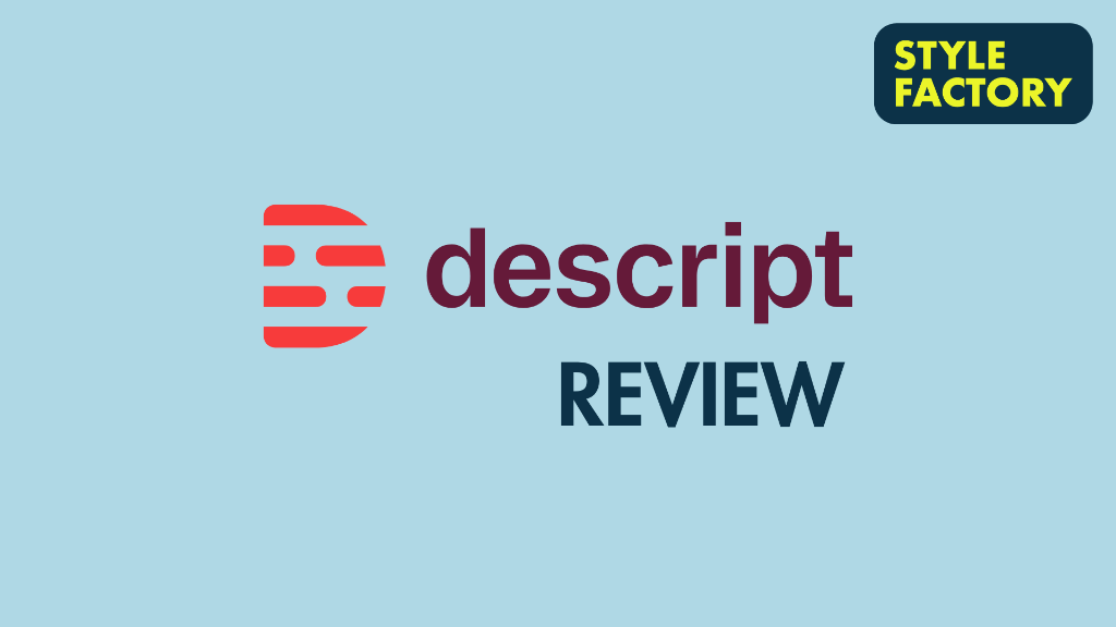 'Descript Review — All the Key Pros and Cons': the Descript logo against a light blue background.