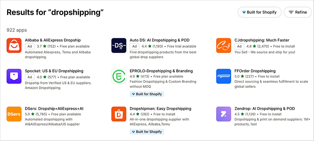 Some of the 922 dropshipping apps that are currently available for Shopify