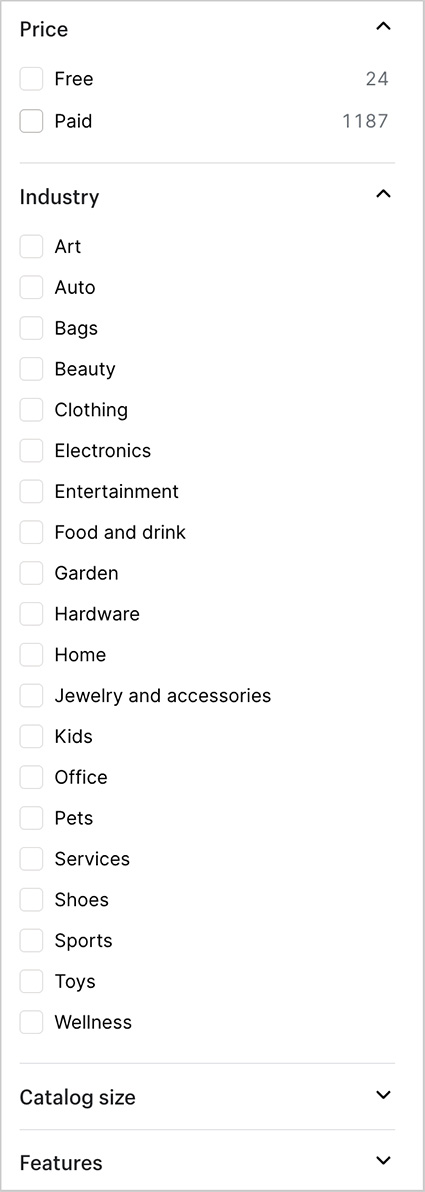Shopify theme store filters (July 2026)