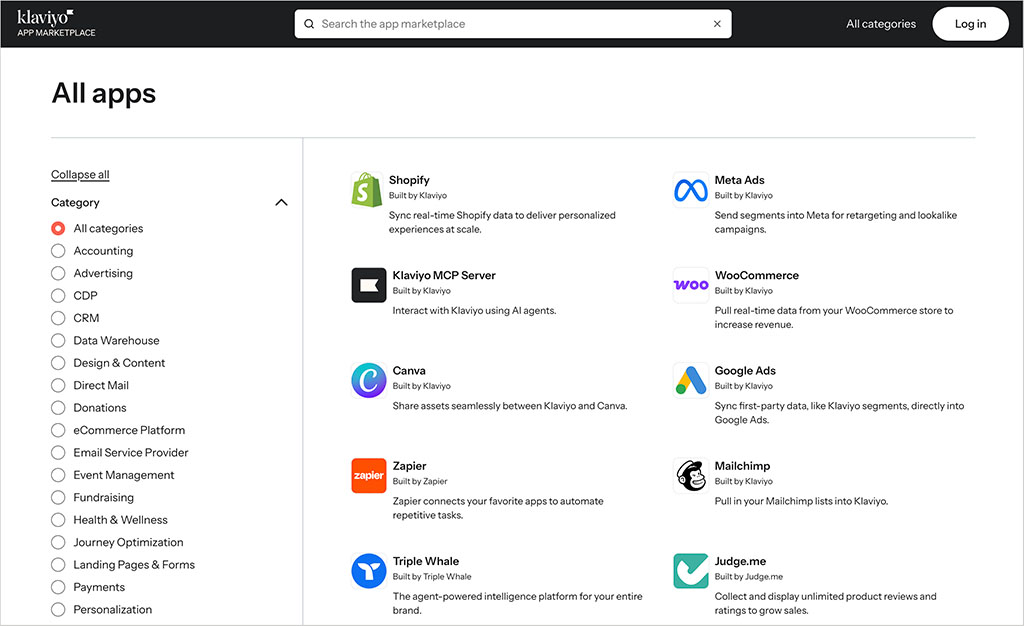 Klaviyo's apps and integrations directory