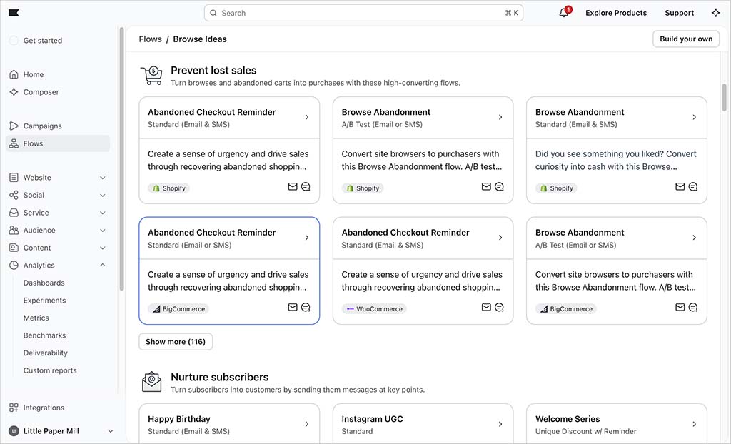 Klaviyo interface showing its library of 'flows' automations.
