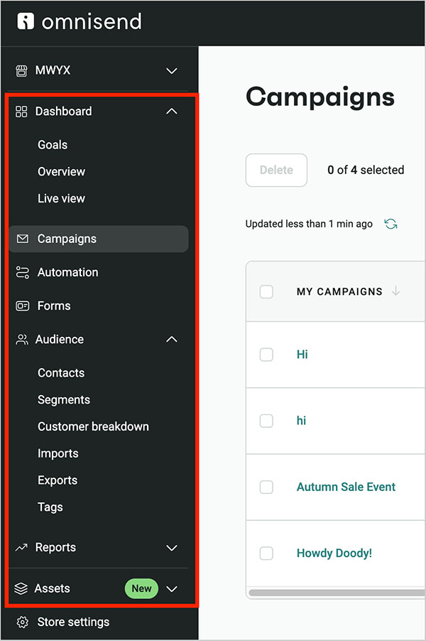 Omnisend's dashboard menu